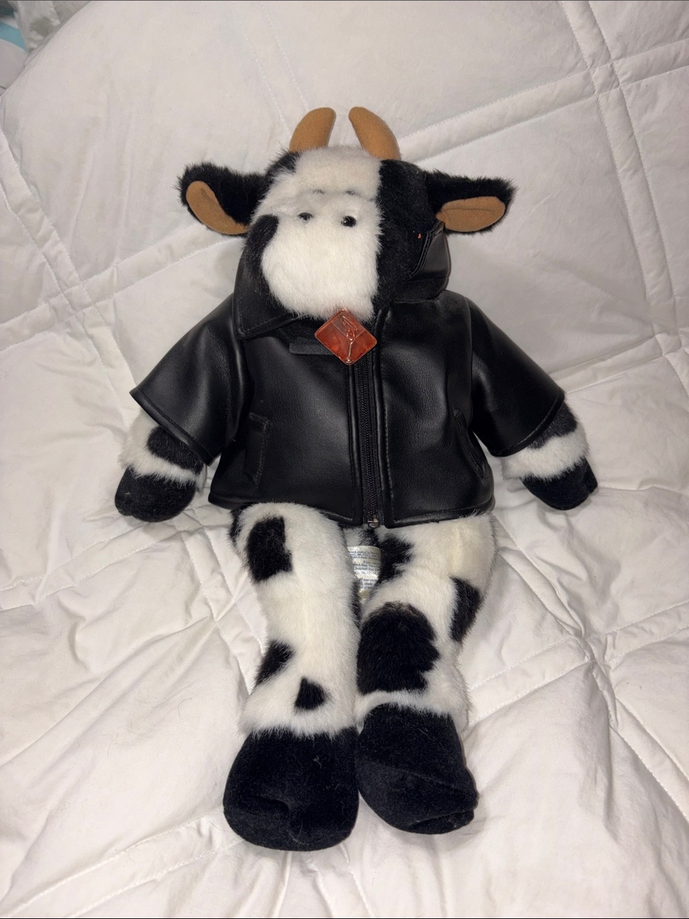 BUILD A BEAR Holstein Black White Cow & Bell  18" Retired BAB faux leather coat